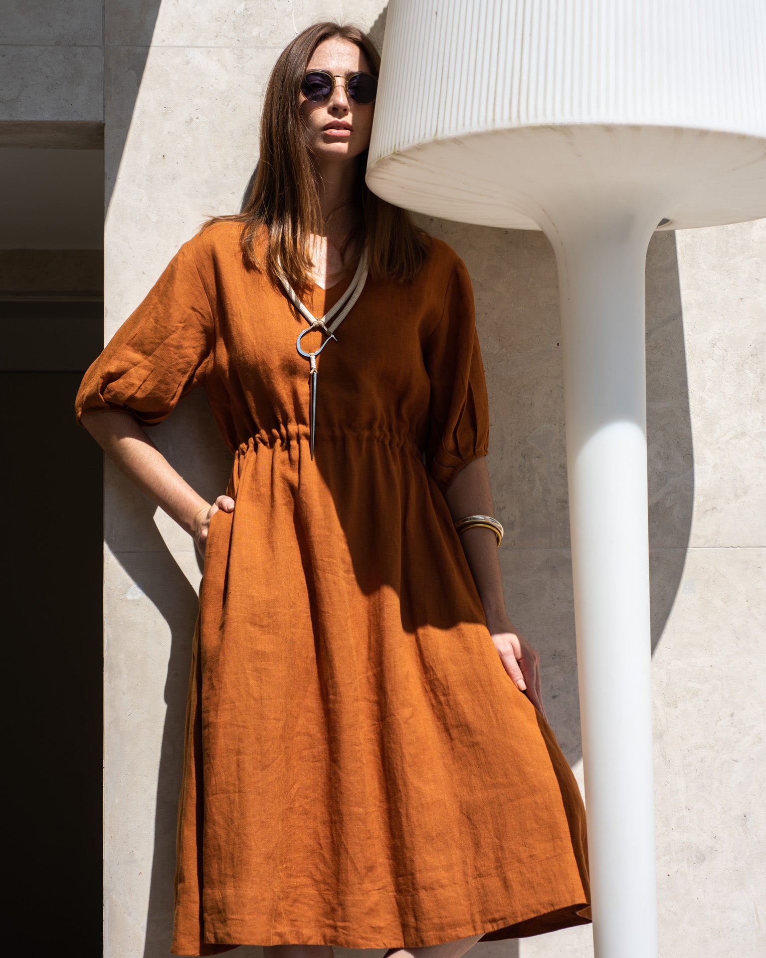 ochre linen dress VOYAGE Midi Dress