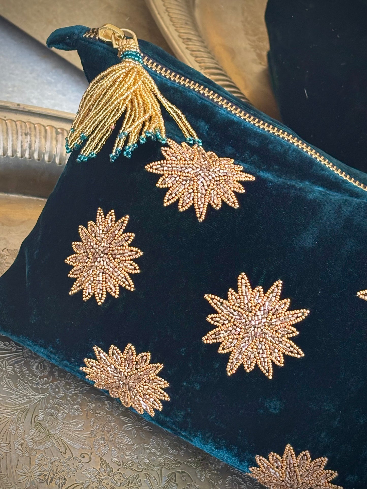 Embroidered Velvet Wallet by Olivia Dar petrol blue