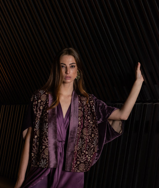 Kimono FERGHANA Veludo bordado ameixa