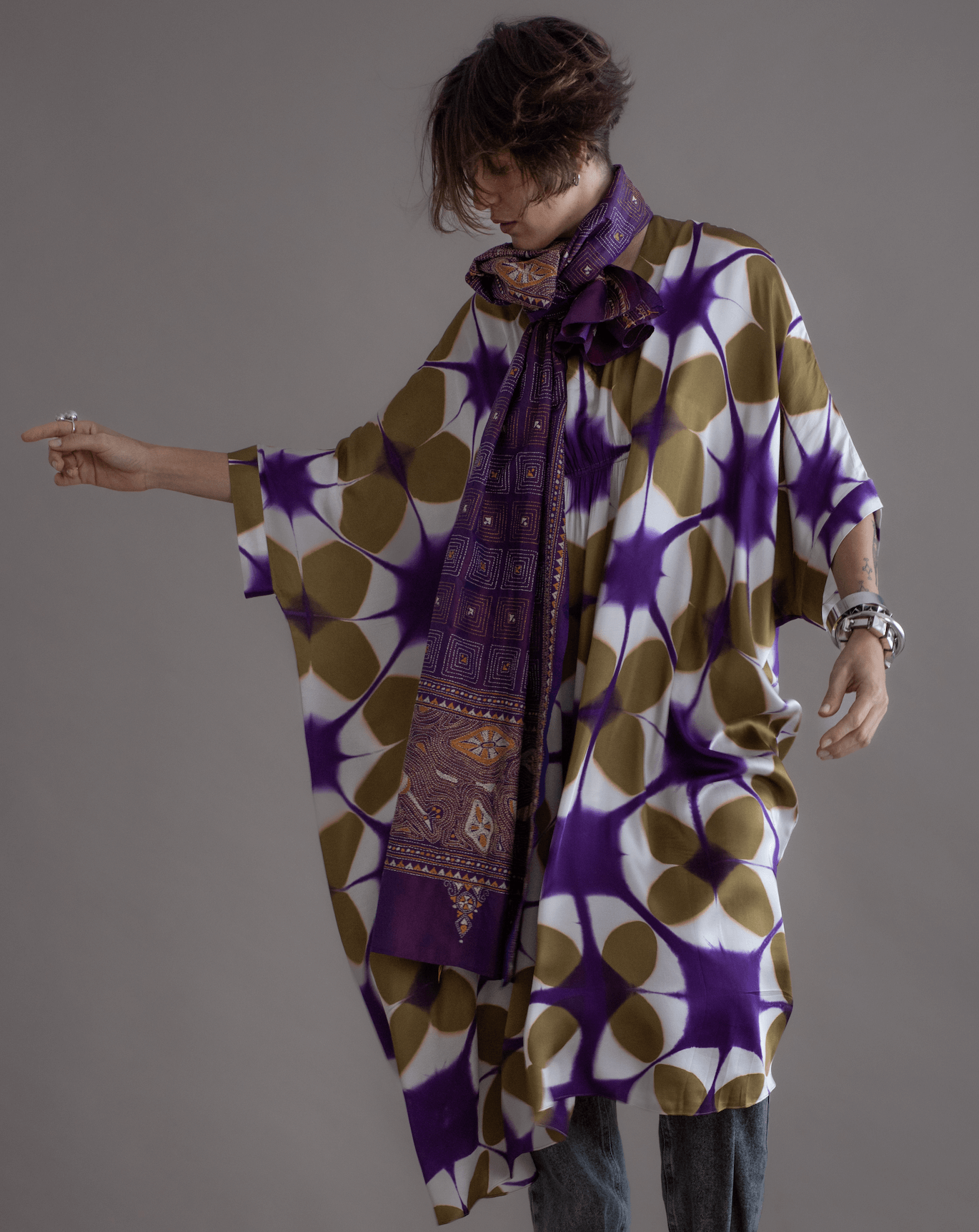 SHIBORI Kaftan olive/roxo