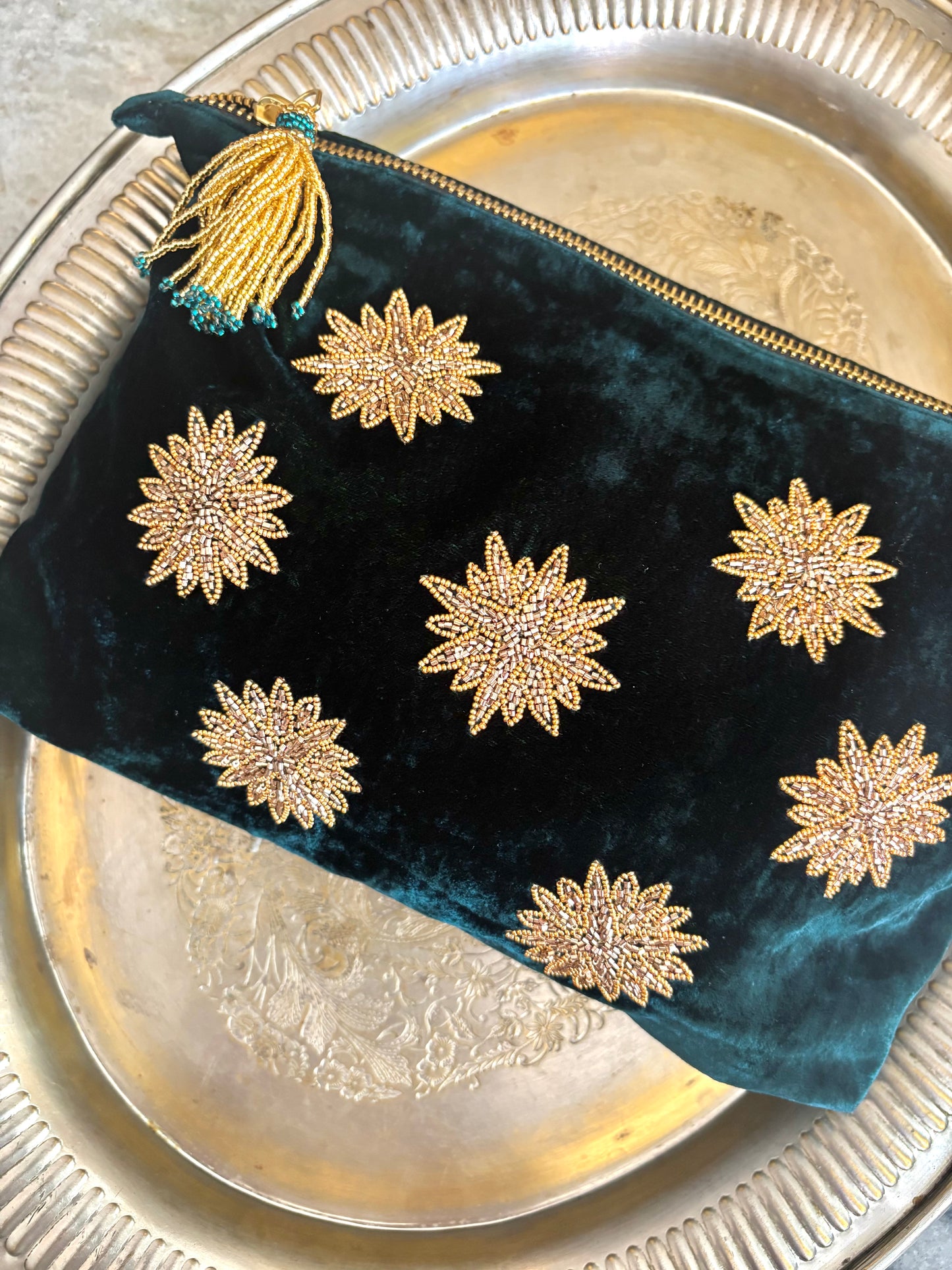 Embroidered Velvet Wallet by Olivia Dar petrol blue