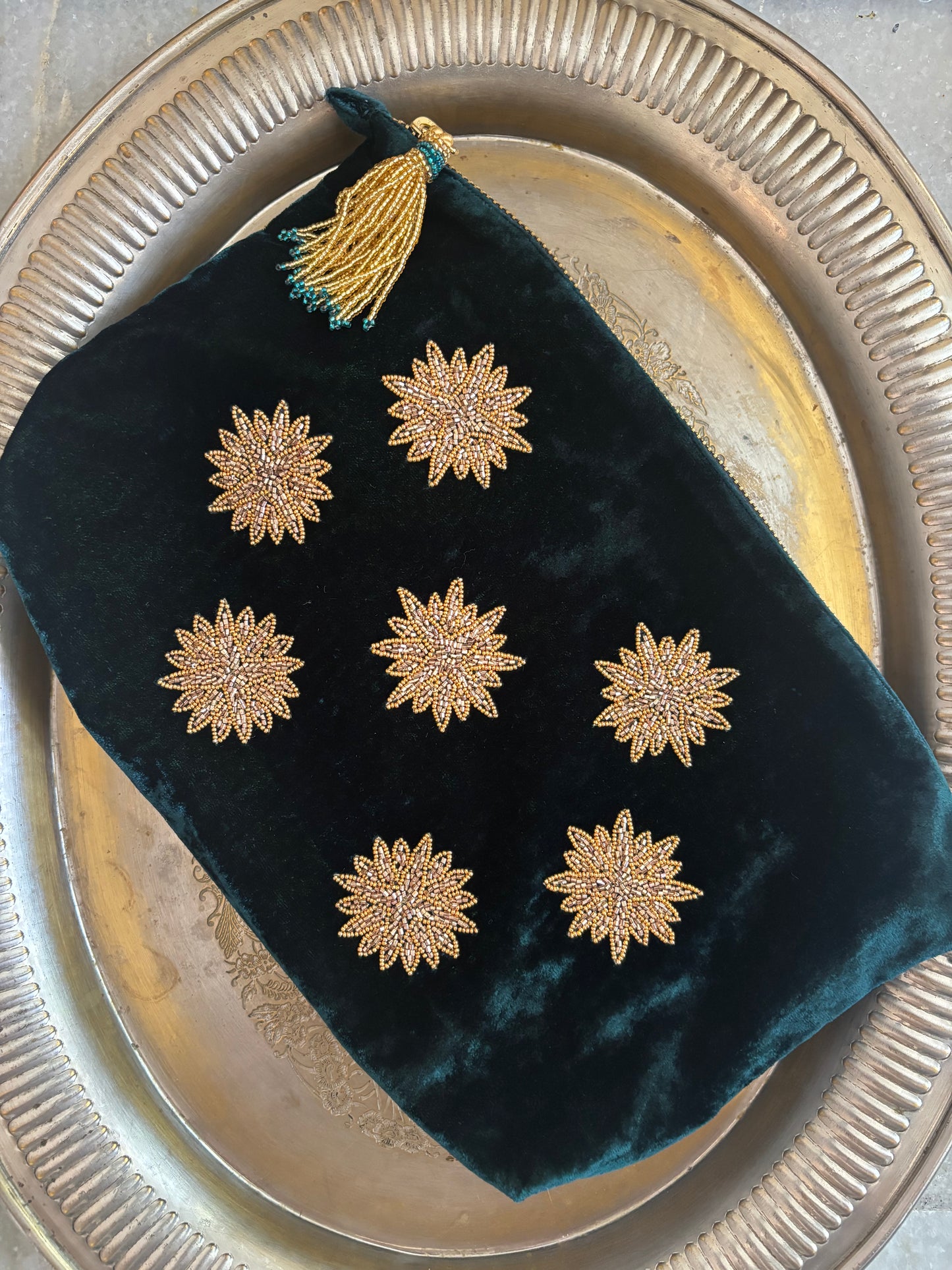 Embroidered Velvet Wallet by Olivia Dar petrol blue