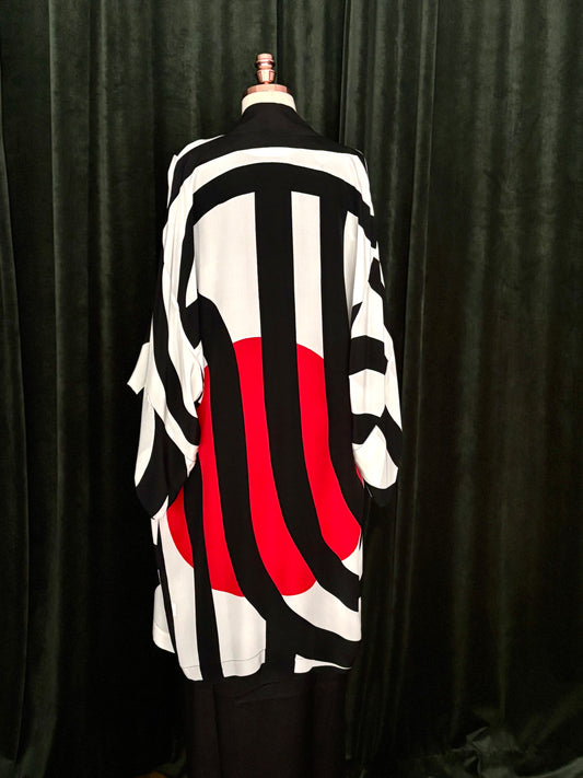 Kimono seda  GEOMÉTRICO preto e vermelho