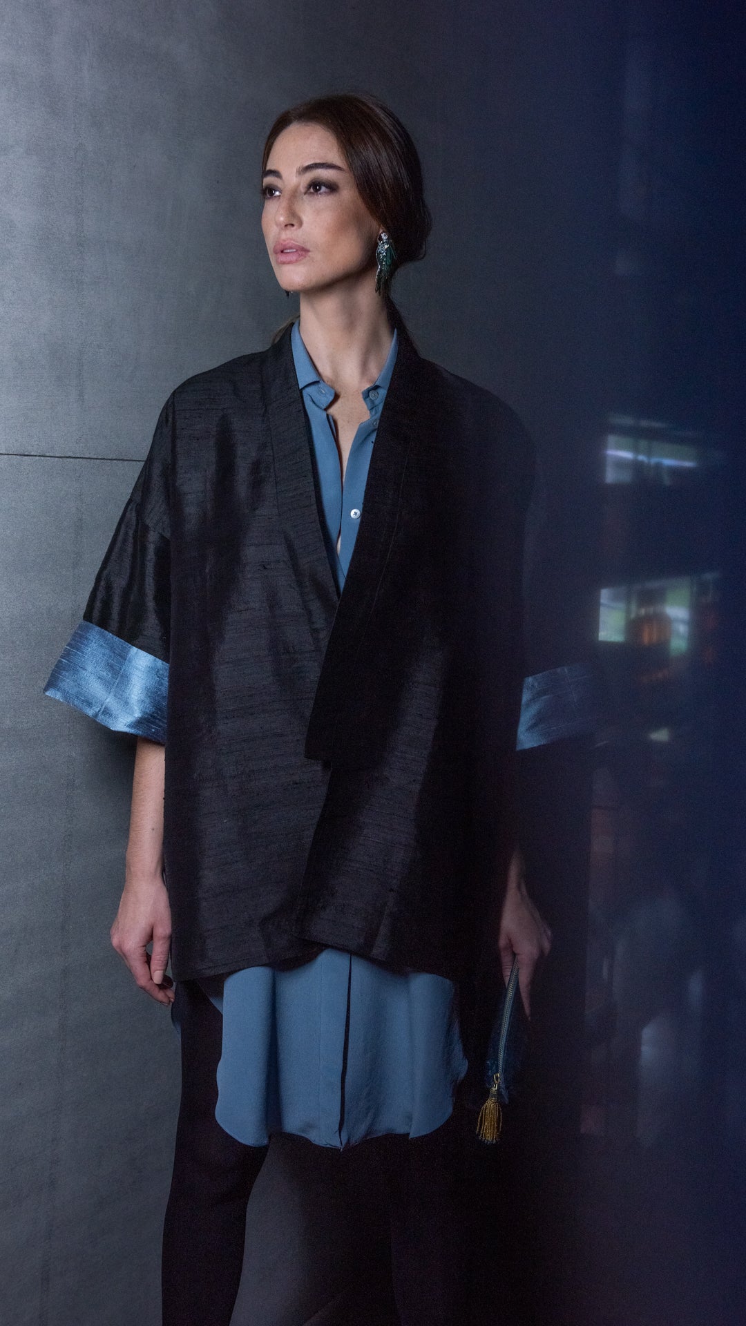 Khanta Blue Bird embroidered black kimono