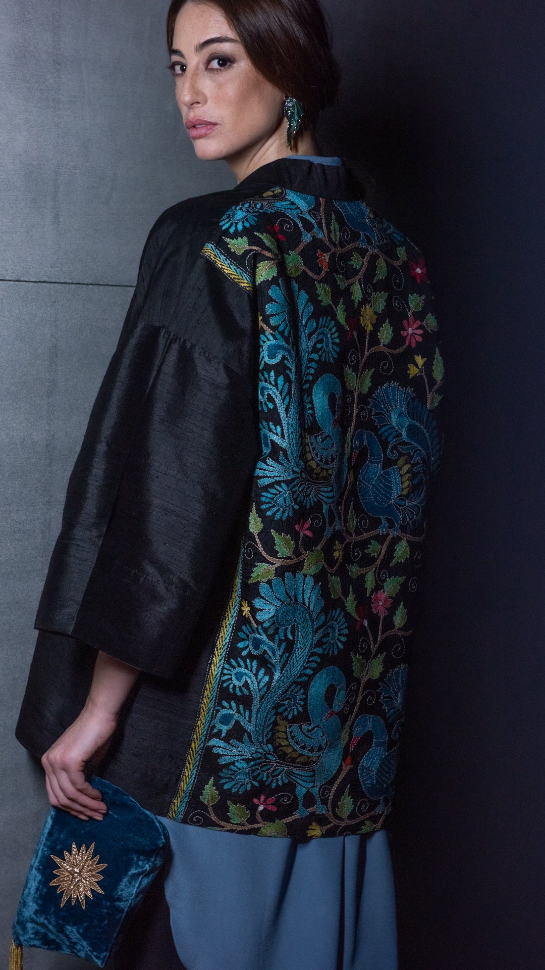 Khanta Blue Bird embroidered black kimono