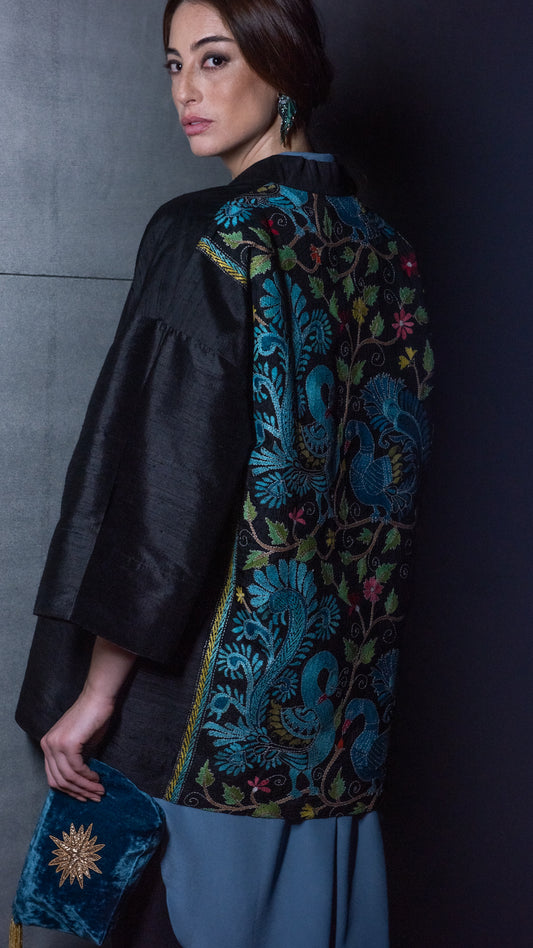 Kimono bordado Khanta Blue Bird preto