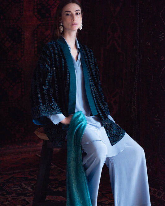 Kimono VELUDO BORDADO teal