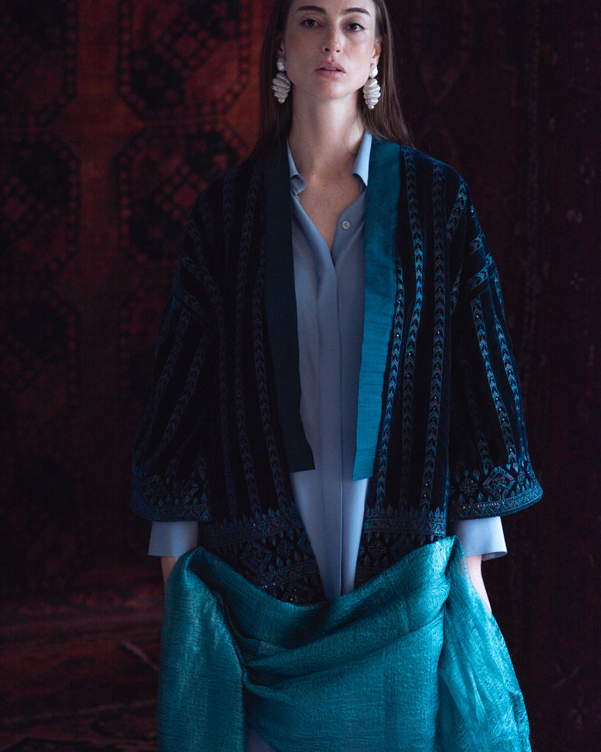 Kimono VELUDO BORDADO teal